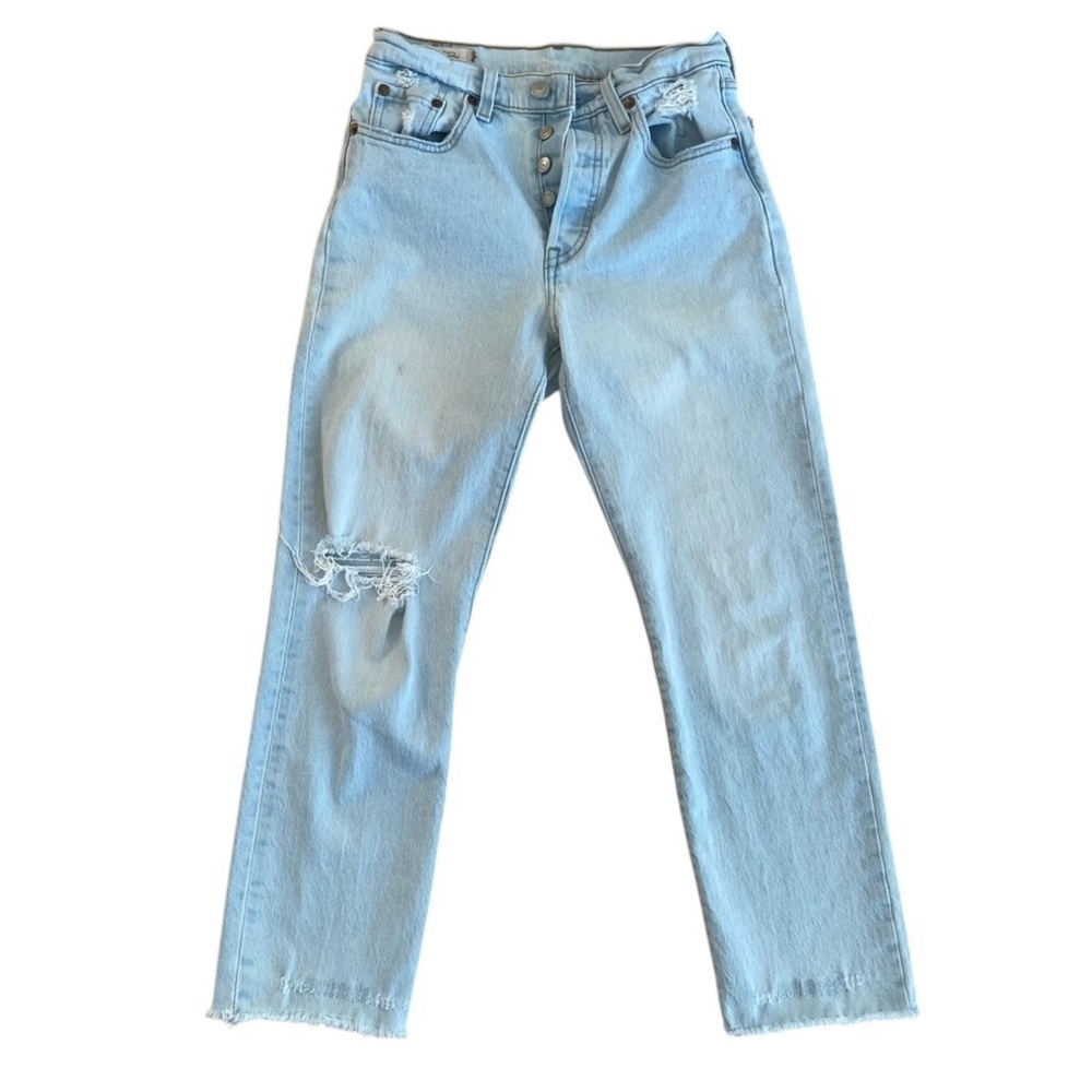 Levi’s premium 501 women distressed ripped knees light blue wash button fly 25